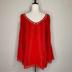 Solitaire Boho Red Eyelet Cold Shoulder Long Bell Sleeves Top